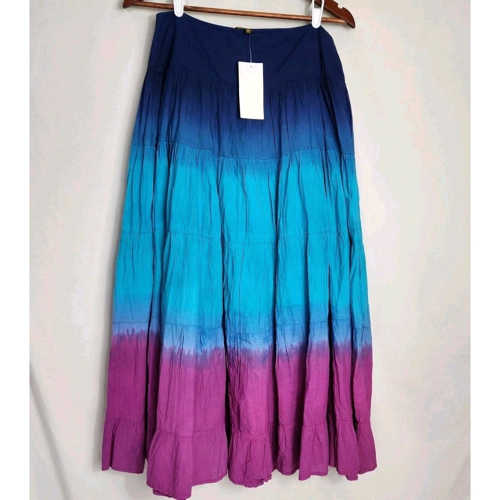Boho Ombre Maxi Skirt Blue Pink Tiered Festival Resort Cotton Sz 6 NWT